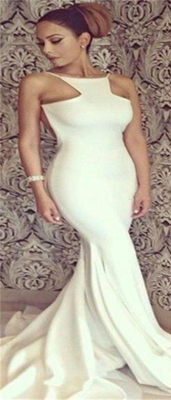 Long White Elegant Halter Backless Mermaid Prom Dresses, Sexy Prom Dresses