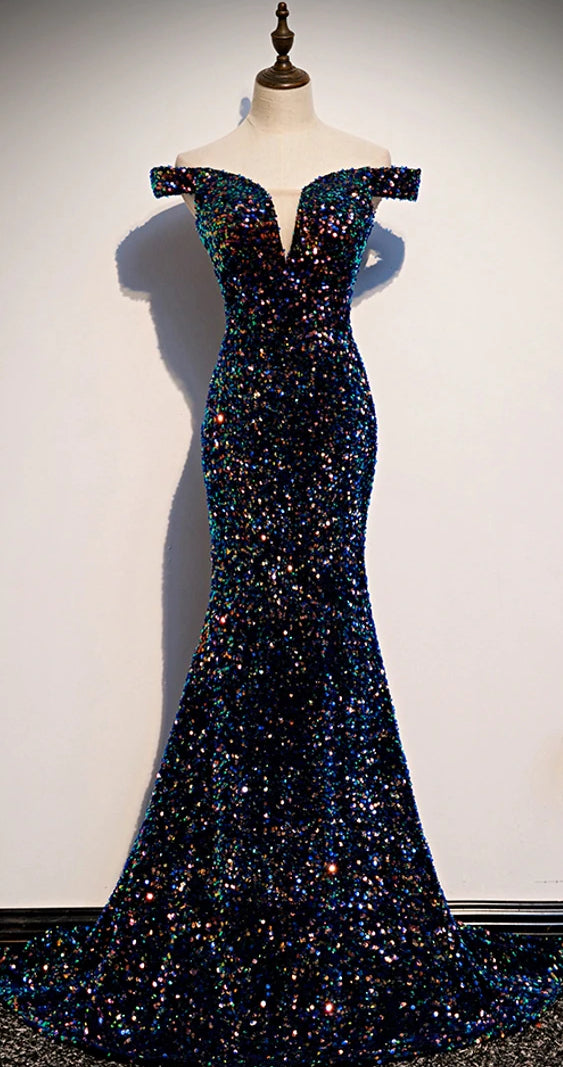 Off Shoulder Thick Sequin Long Prom Dresses, Mermaid Prom Dresses, Lovely Prom Dresses