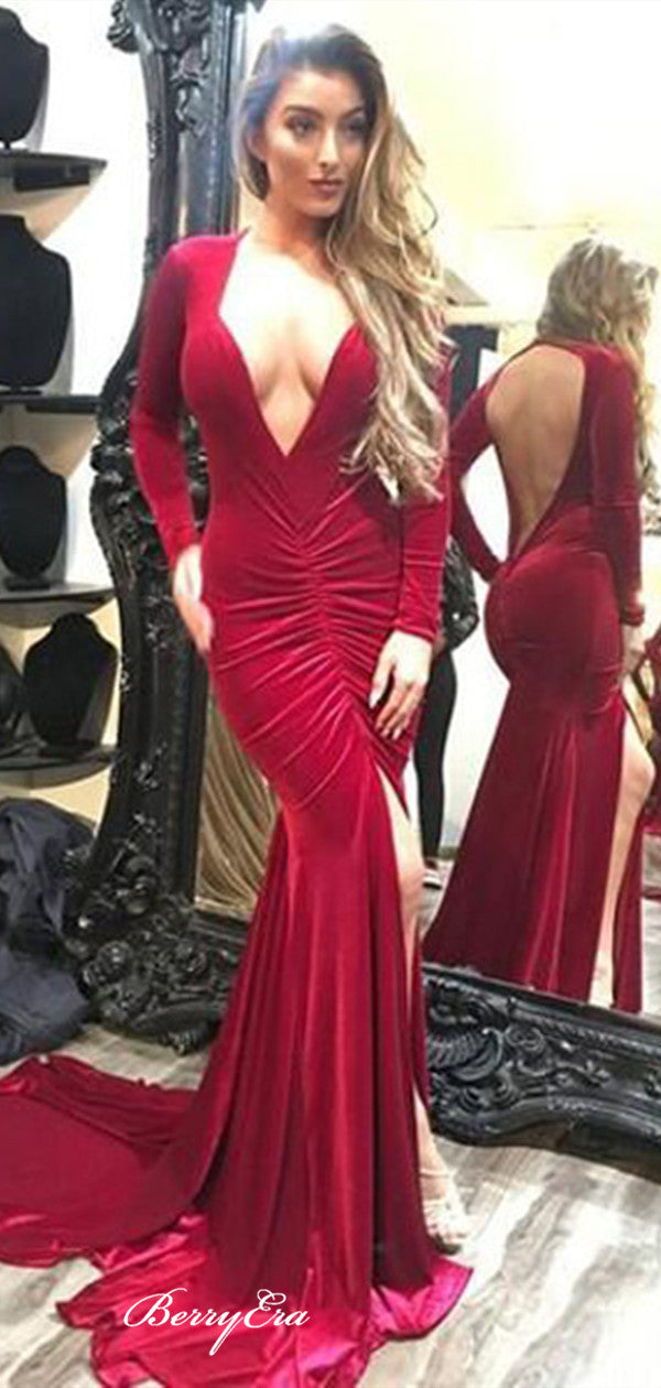 Deep V-neck Sexy Prom Dresses, Long Sleeves Mermaid Prom Dresses