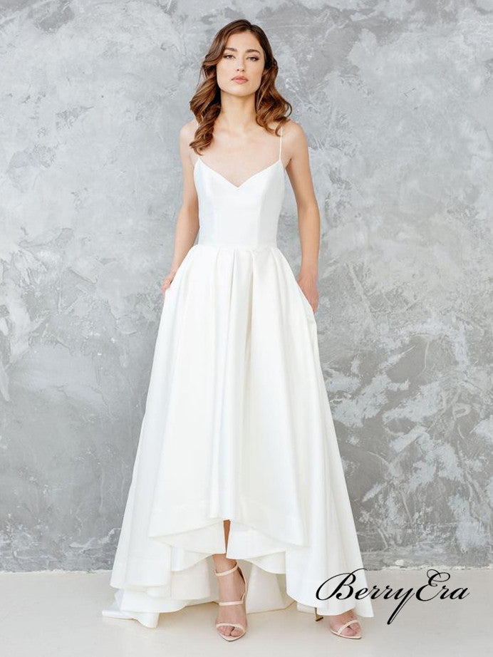 Spaghetti Long A-line Hi-low Satin Simple Wedding Dresses