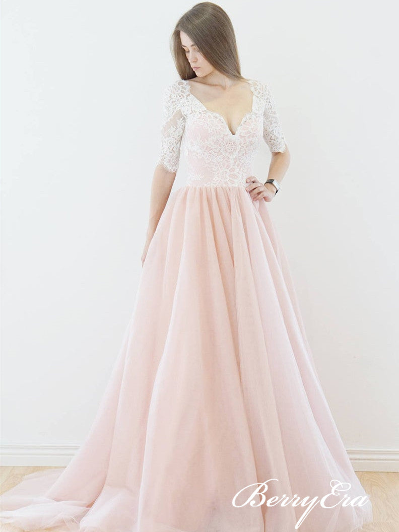 V-neck Half Sleeves Lace Blush Pink Tulle Skirt Long Wedding Dresses