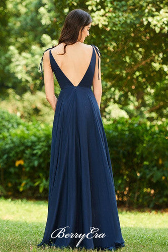 V-neck Navy Chiffon A-line Bridesmaid Dresses, Simple Bridesmaid Dresses