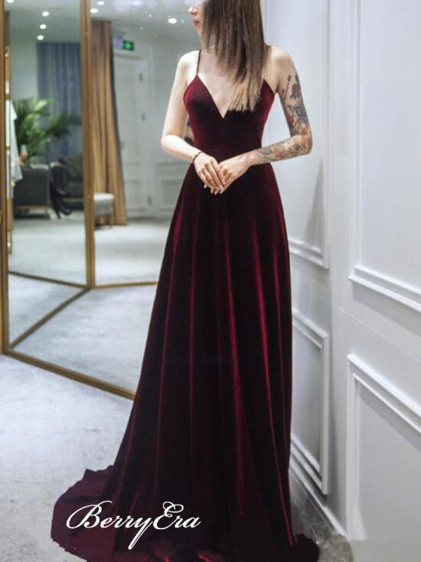 V-neck Velvet Strap Prom Dresses, Custom Design Long Prom Dresses