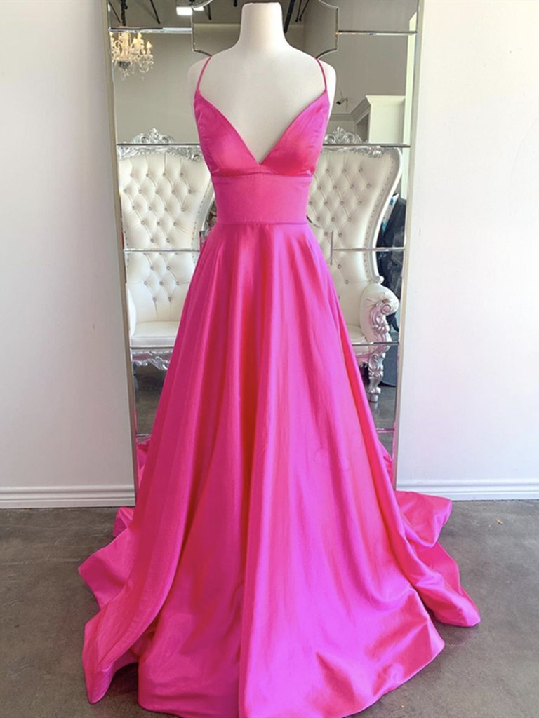 Hot Pink Satin Prom Dresses, A-line Prom Dresses, Simple Prom Dresses, Cheap Prom Dresses, 2021 Prom Dresses