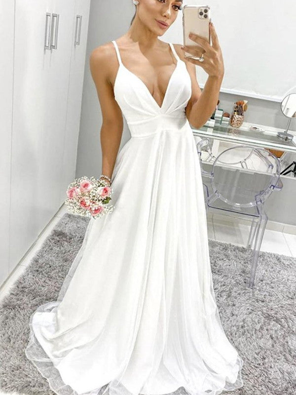 A Line V Neck Thin Straps White Chiffon Long Prom Dress 2021, Simple Cheap Wedding Dresses