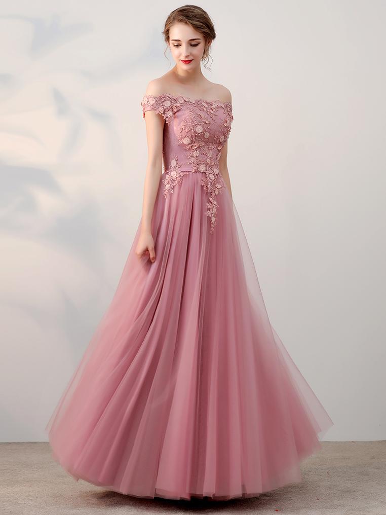 Off Shoulder Long A-line Pink Lace Tulle Prom Dresses