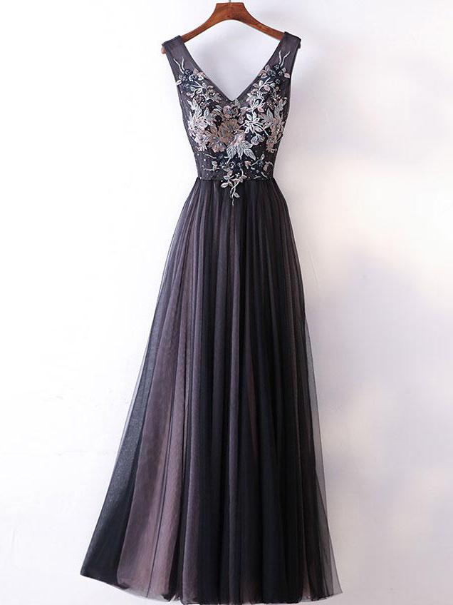 V-neck Long A-line Black Tulle Appliques Beaded Prom Dresses