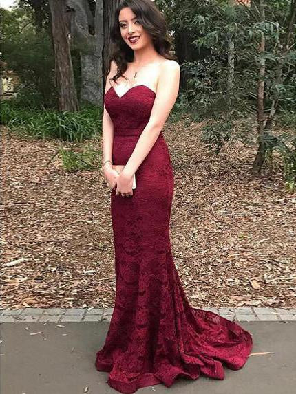 Sweetheart Dark Red Lace Mermaid Prom Dresses