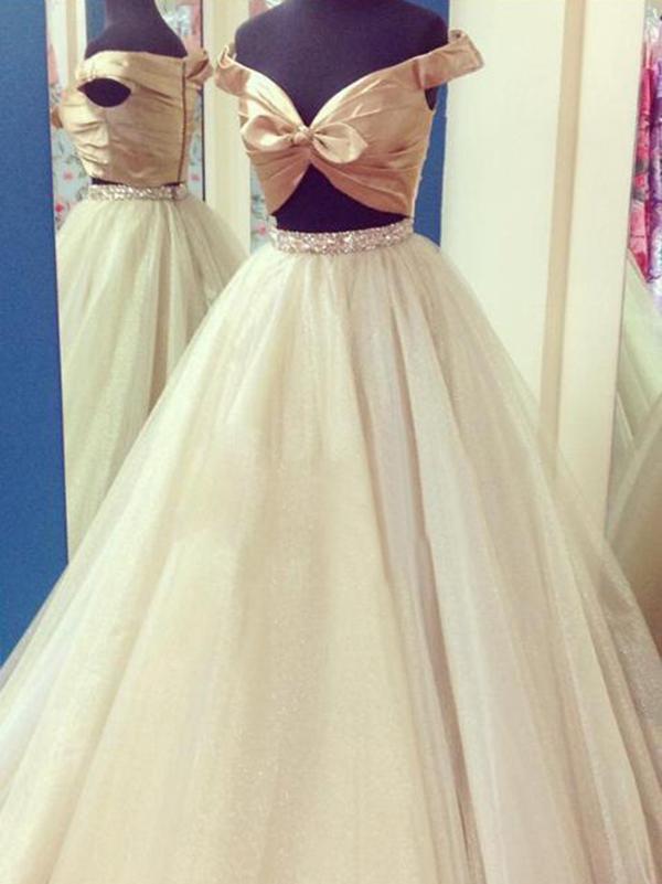 2 Pieces Cute Satin Top Tulle Beaded Long Prom Dresses