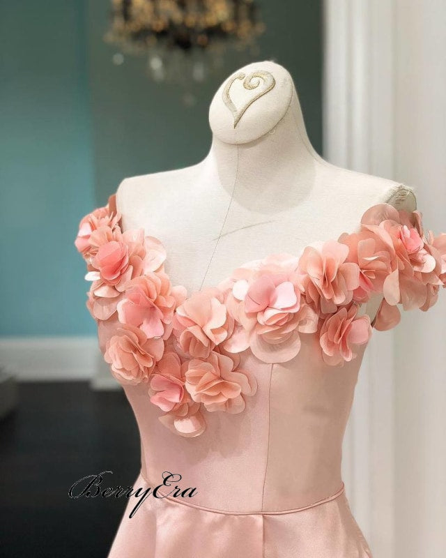 Gorgeous Baby Pink Handmade Flowers Prom Dresses Cheap Prom Dresses