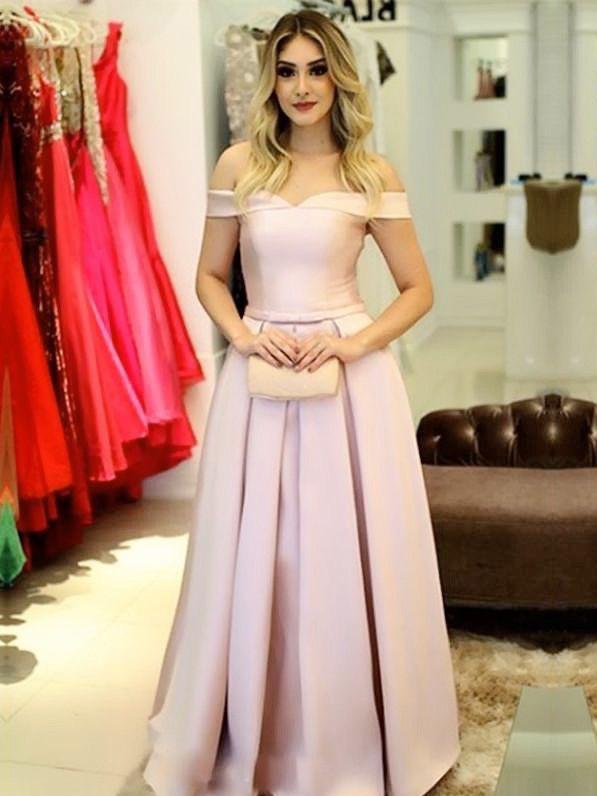 Off Shoulder Pink Satin Long Prom Dresses