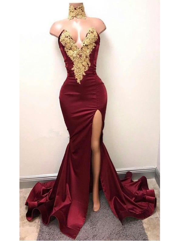 Sexy V-neck Long Mermaid Lace Side Slit Prom Dresses