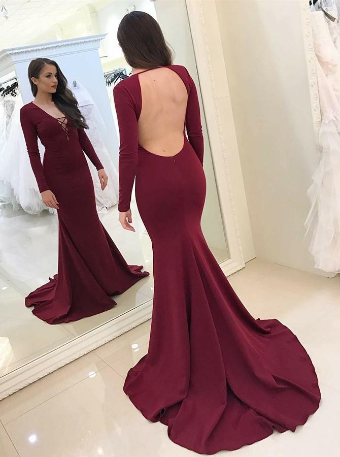 Long Sleeves Maroon Jersey Mermaid Prom Dresses