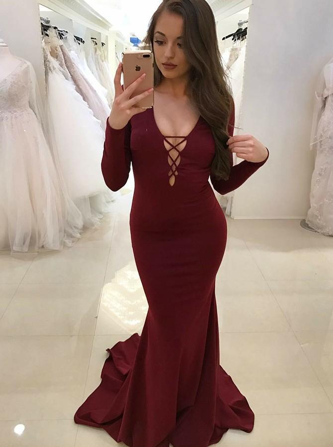 Long Sleeves Maroon Jersey Mermaid Prom Dresses