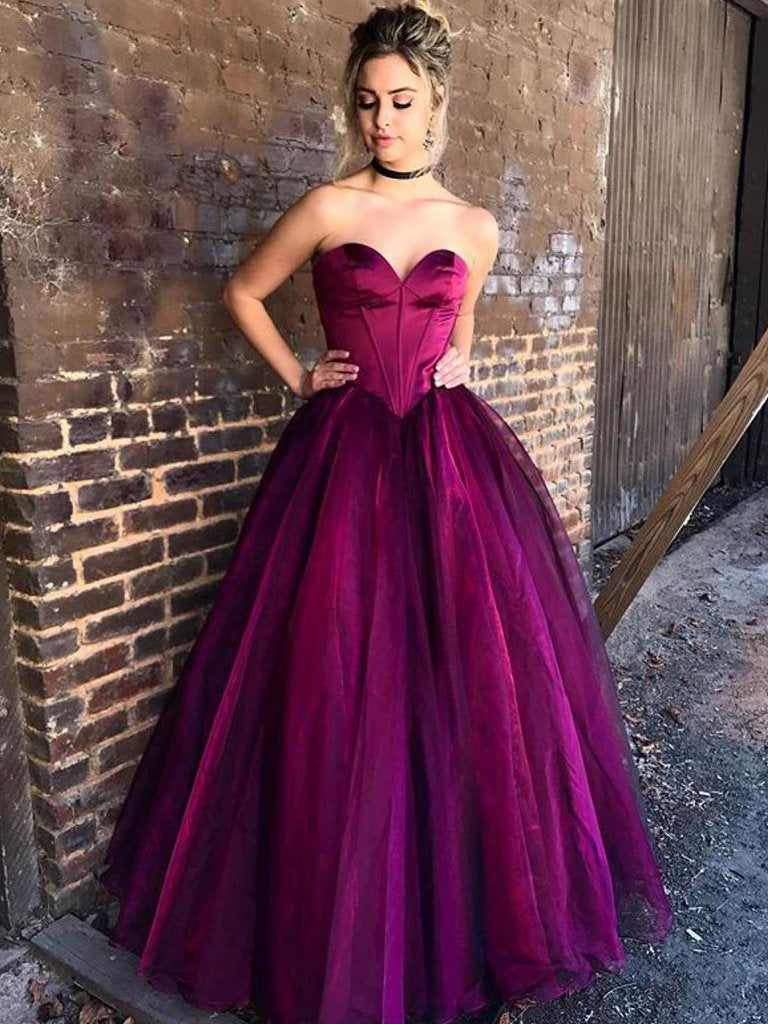 Sweetheart Long A-line Tulle Purple Prom Dresses