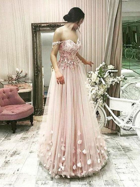 Off Shoulder Long A-line Lace Tulle Prom Dresses