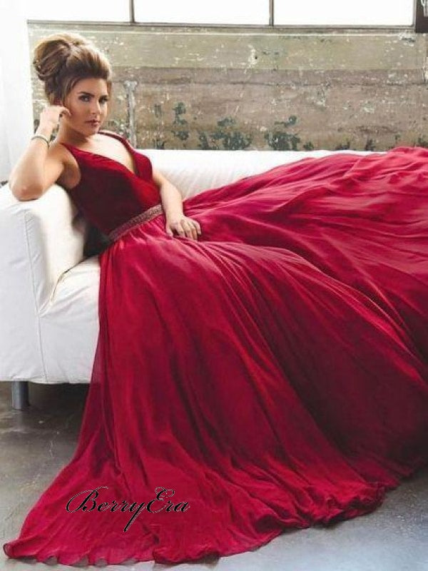 Deep V-Neck Long A-Line Red Prom Evening Dresses Prom Dresses