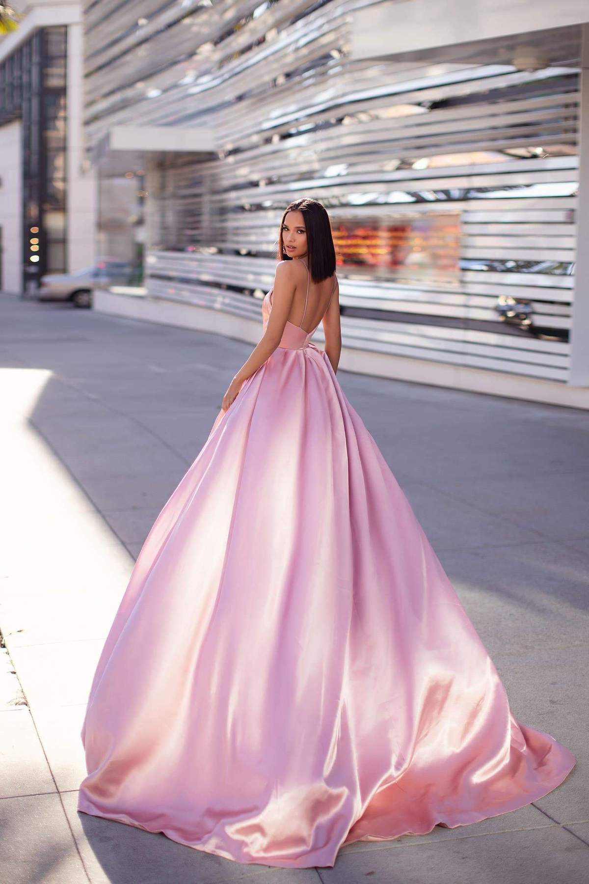 Deep V-neck Baby Pink Satin Prom Dresses, A-line Prom Dresses, 2021 Prom Dresses, Cheap Prom Dresses