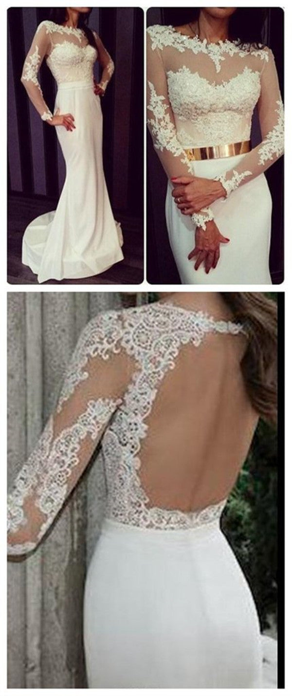 Open Back Lace Mermaid Long Sleeves Prom Dress 2019