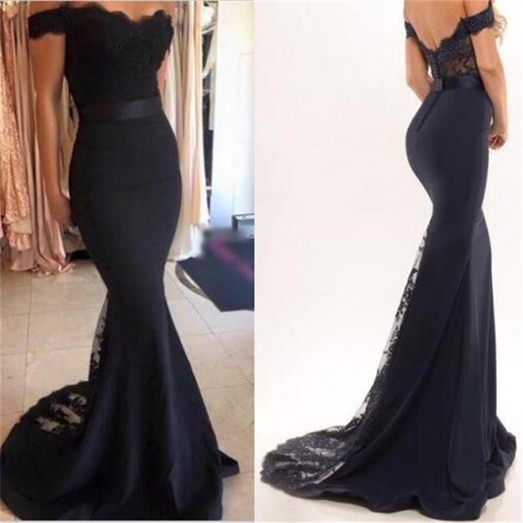 Black Off Shoulder Lace Mermaid Long Prom Dresses