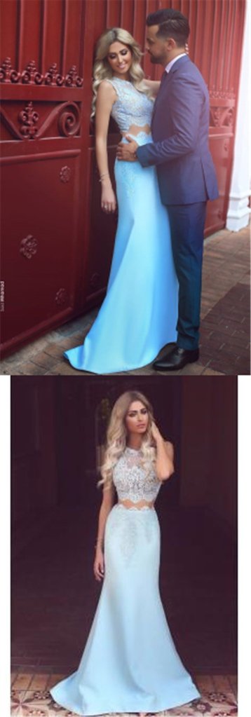 Elegant Charming Light Blue Lace Two Pieces Mermaid Long Prom Dresses