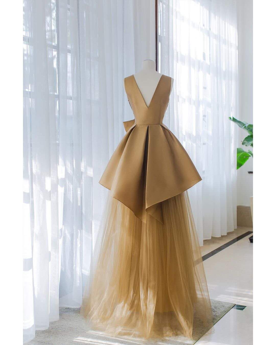 V-neck Long Gold Satin Tulle Prom Dresses, Elegant Prom Dresses, Cheap Prom Dresses