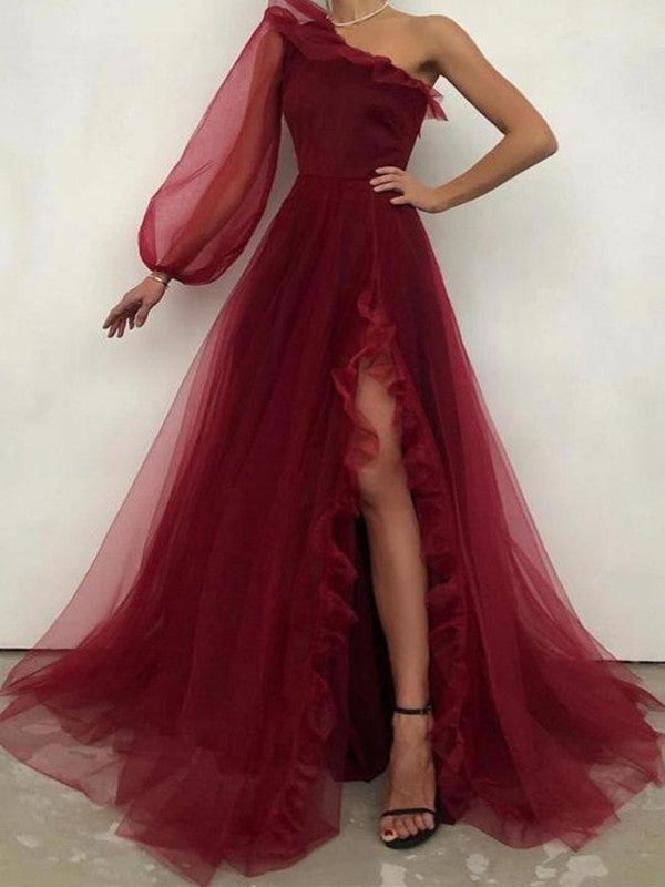 One Shoulder Tulle Newest Prom Dresses, 2021 Girl Graduation Dresses, Evening Party Dresses