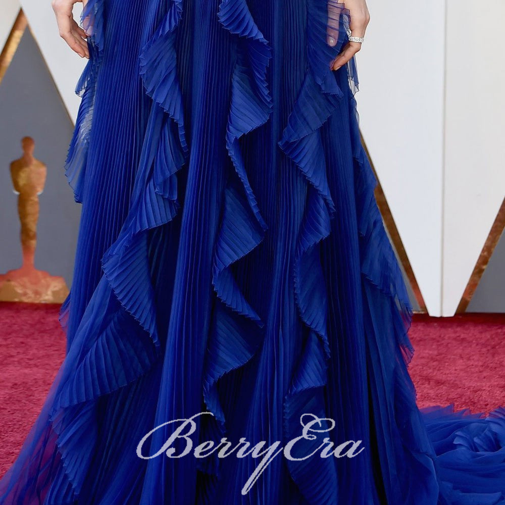 Brie Larson Navy Chiffon A-line Dresses, Popular Prom Dresses, Long Prom Dresses(No Belt)