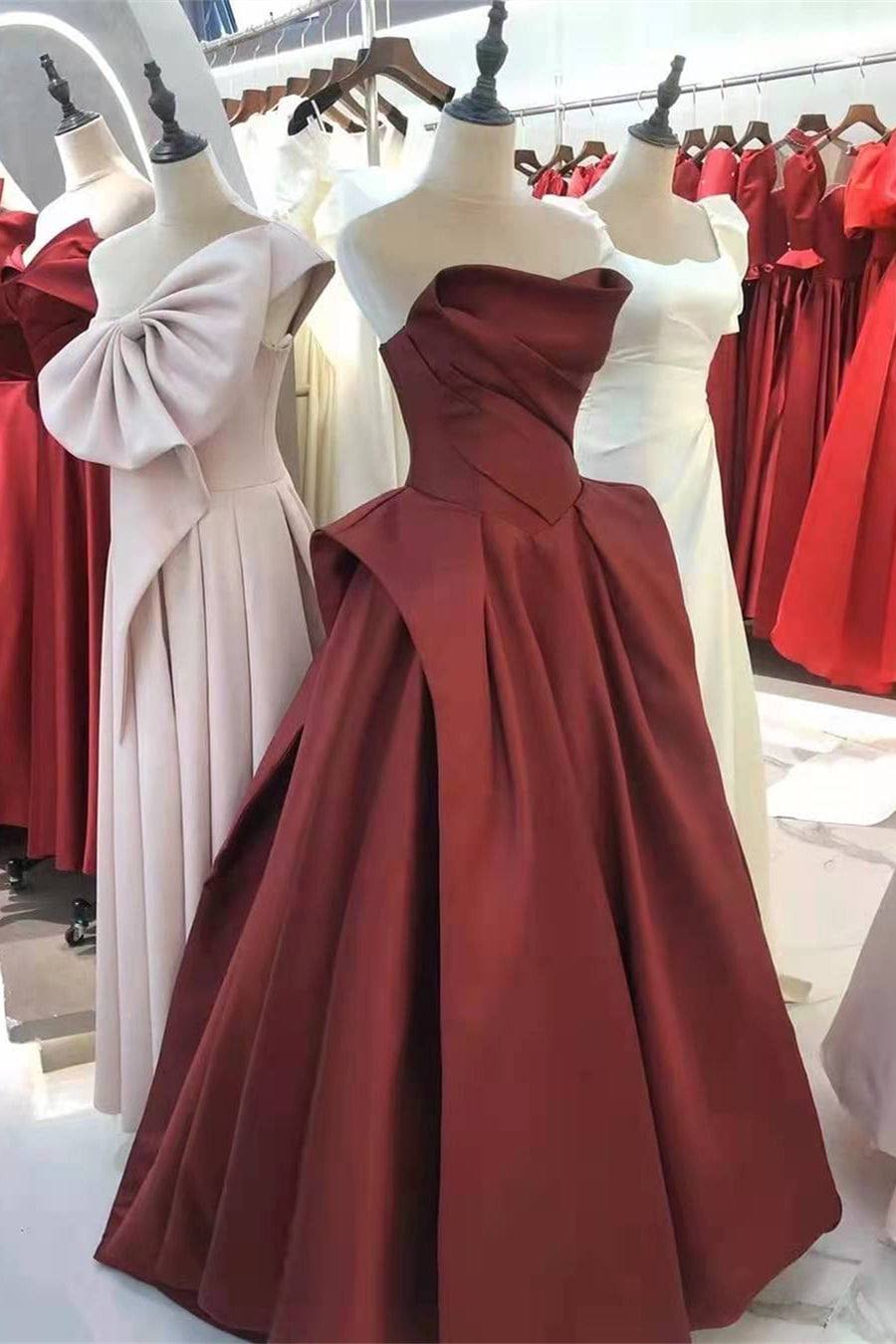 Strapless Burgundy Satin Long Prom Dresses, A-line Prom Dresses, Affordable Prom Dresses