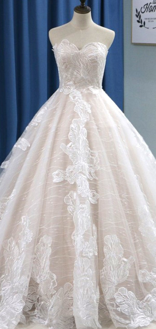 Sweetheart Long A-line Lace Tulle Wedding Dresses, Newest Long Wedding Dresses, Affordable  Wedding Dresses