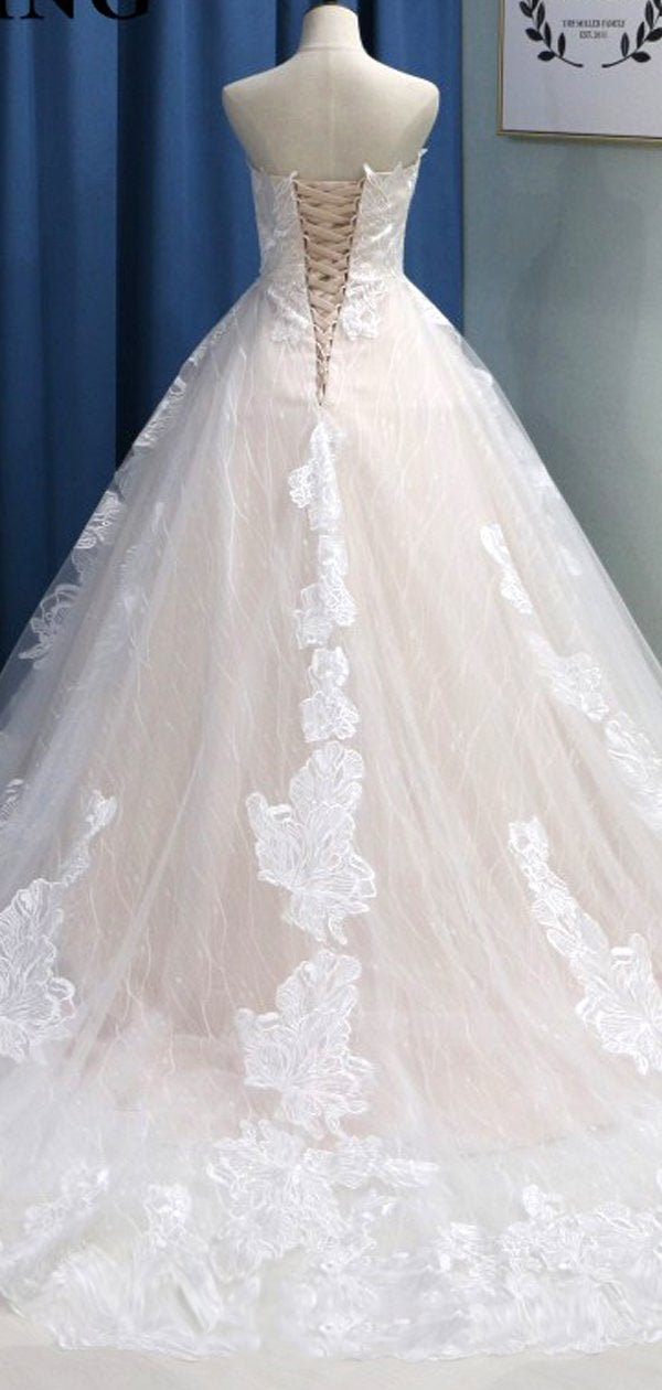 Sweetheart Long A-line Lace Tulle Wedding Dresses, Newest Long Wedding Dresses, Affordable  Wedding Dresses