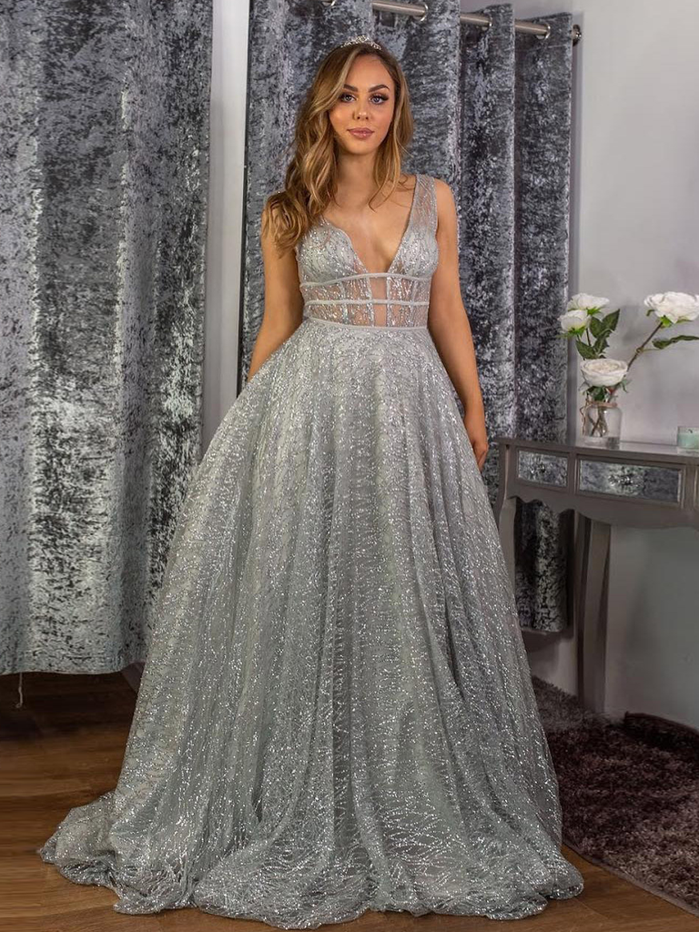 Popular Grey Sequin Tulle Prom Dresses, Long Prom Dresses, 2020 Prom Dresses