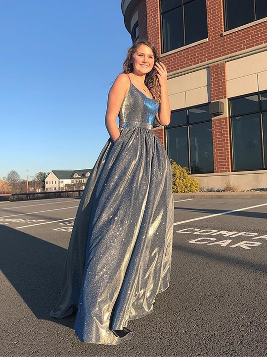 Spaghetti Long A-line Shiny Satin Prom Dresses, Popular Prom Dresses, 2021 Prom Dresses