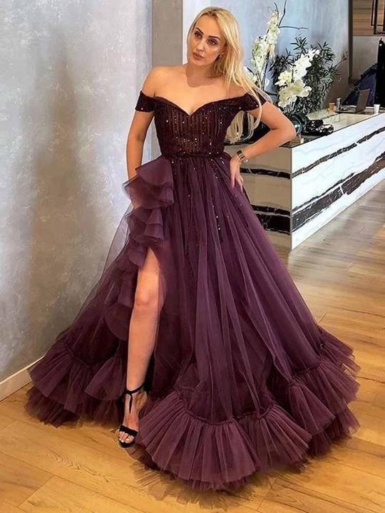 Off Shoulder Long A-line High Slit Prom Dresses, Tulle Beaded Prom Dresses, 2021 Prom Dresses