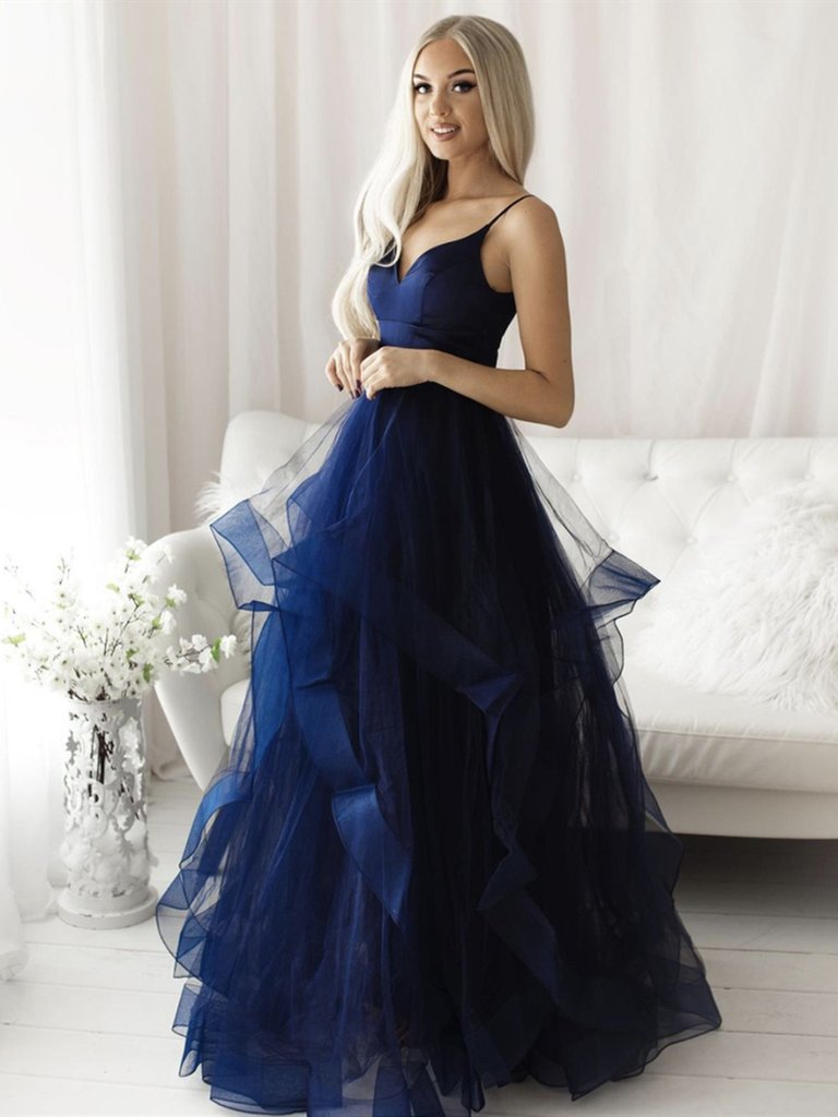 Spaghetti Long A-line Navy Prom Dresses, Organza Prom Dresses, 2021 Prom Dresses, Cheap Prom Dresses, Popular Prom Dresses