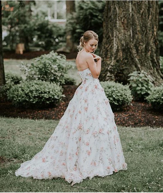 Strapless Floral Long Prom Dresses, A-line Long Prom Dresses, Popular Long Prom Dresses