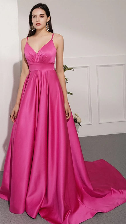 Spaghetti Long A-line Hot Pink Prom Dresses, Simple Prom Dresses, Satin Prom Dresses