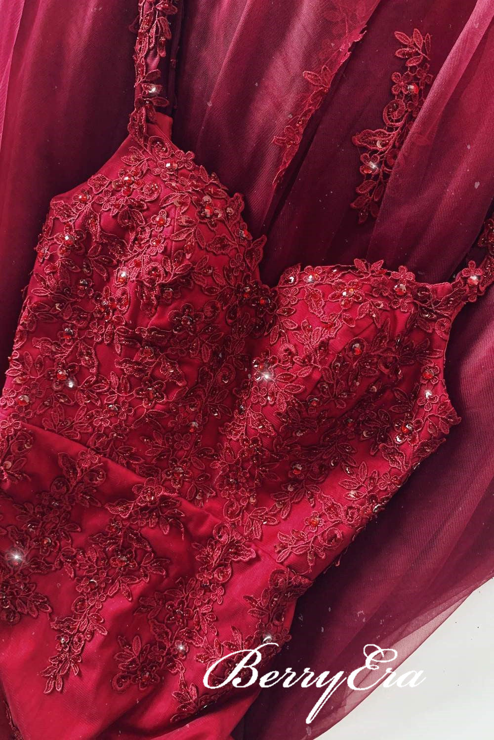 Straps Burgundy Long Prom Dresses. Mermaid Lace Tulle Prom Dresses, Popular Prom Dresses