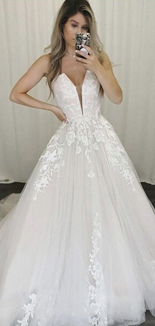 Spaghetti Long A-line Lace Tulle Wedding Gown, Modern Wedding Dresses, A-line Wedding Dresses