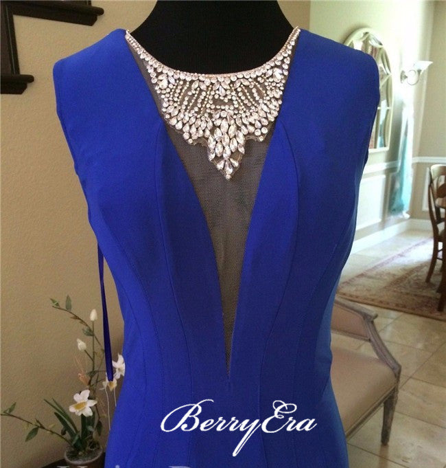 Sleeveless Royal Blue Fitted Jersey Beaded Prom Dresses