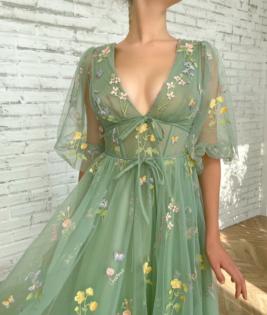 V-neck Floral Long Prom Dresses, A-line Prom Dresses, Green Party Dresses, 2022 Prom Dresses, RC038