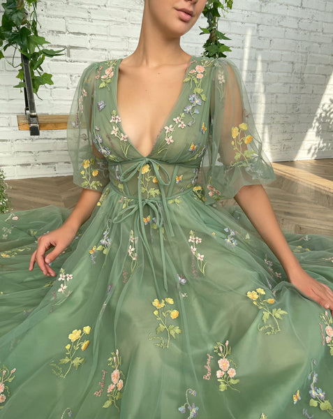 V-neck Floral Long Prom Dresses, A-line Prom Dresses, Green Party Dresses, 2022 Prom Dresses, RC038