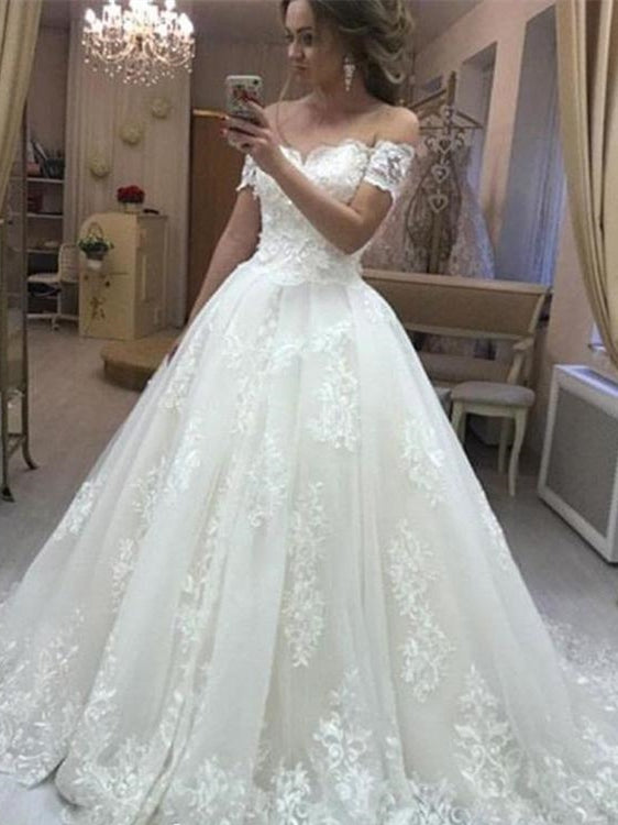 Off Shoulder Long A-line Lace Tulle Wedding Dresses, Elegant Wedding Dresses, Bridal Gown, Long Wedding Dresses