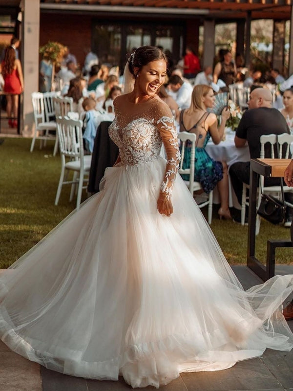 Round Neck Long A-line Lace Tulle Wedding Dresses, Popular Wedding Gown, Bridal Gown