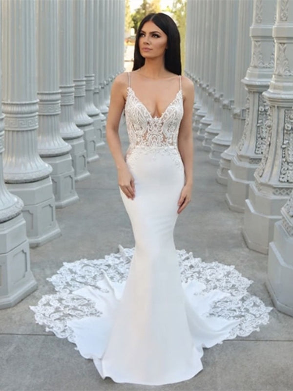 Spaghetti Long Mermaid Lace Jersey Wedding Dresses, Sexy Wedding Dresses, 2020 Bridal Gown