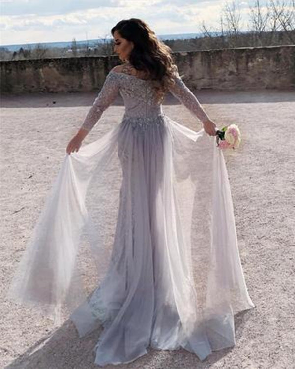 Long Sleeves Slit Prom Dresses, Sequin Lace Prom Dresses, Elegant Prom Dresses