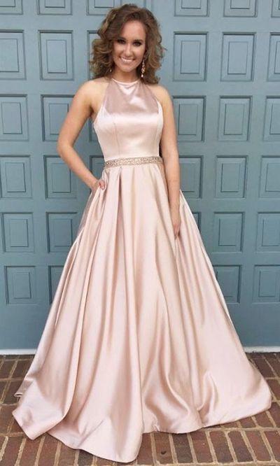 Halter Long A-line Satin Beaded Prom Dresses, Formal Dresses