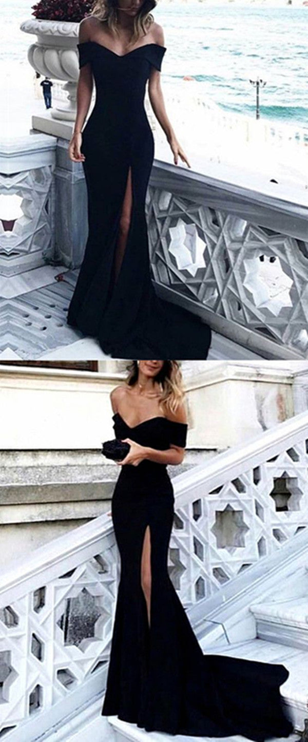 Long Side Slit Black Off Shoulder Evening Party Prom Dress