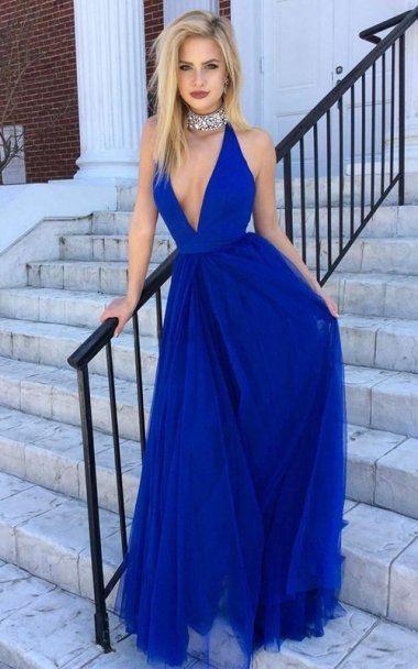 Halter Long A-line Tulle Beaded Simple V-neck Prom Dresses