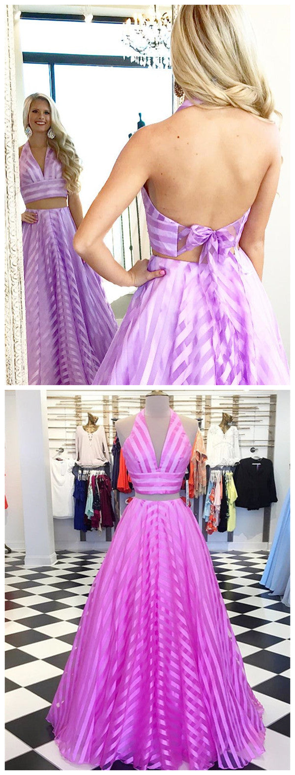 Unique Two Pieces Stripes Long A-Line Prom Dress 2019 New Dress